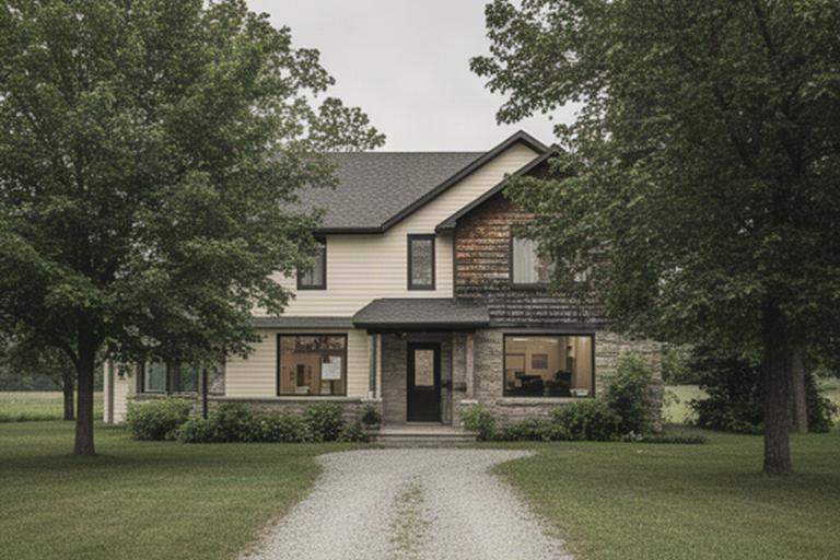 Century-home consulting office on Southdale Line in Central Elgin, Ontario, with mature trees and a gravel approach