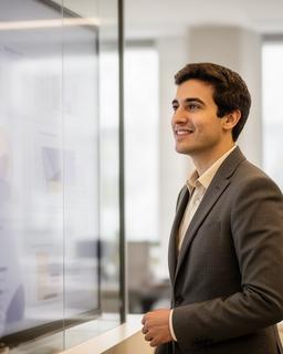Consulting lead reviewing an operational dashboard in a bright Ontario office