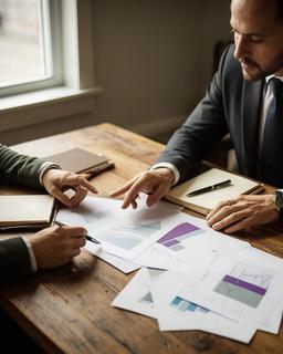 Financial advisor examining printed cash flow charts with a business owner at a wooden Ontario office table