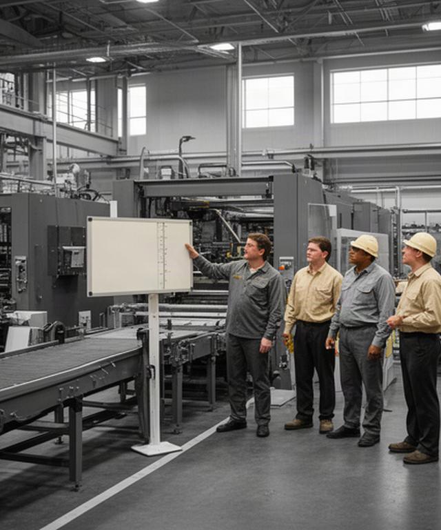 Operations team reviewing production measures beside machinery on an Ontario plant floor