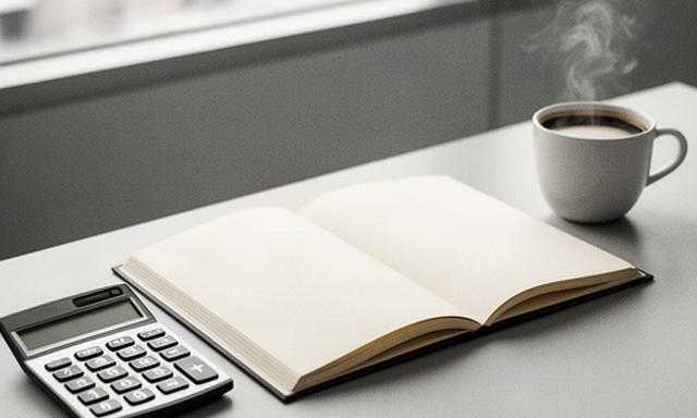 Open business notebook beside a calculator and coffee on a bright Ontario office desk