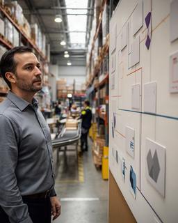 Operations manager reviewing a production flow board beside a busy Ontario warehouse floor