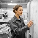 Stasia Nahas reviewing a manufacturing workflow at a bright Ontario workshop