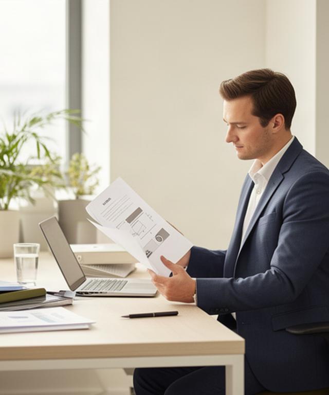 Business consultant reviewing a confidential planning document in a bright Ontario office