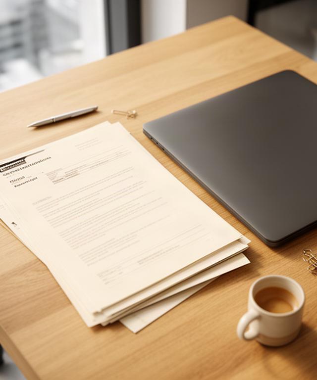 Organised consulting documents beside a laptop on a wooden office desk in Ontario