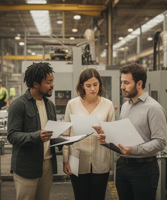 Strive Summit Consulting Inc. partners reviewing production notes beside an Ontario manufacturing floor