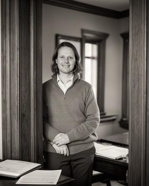 Consulting team member standing inside a century-home office in Central Elgin with wood trim and working papers
