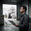 Kariem Tasneem studying operational data beside a warehouse loading bay