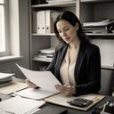 Marlane Marciniak preparing financial notes in a small office with paper files